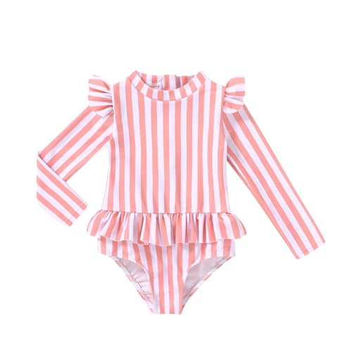 Happy Town Baby Toddler Girls Swimsuits One Pieces Long Sleeve Bathing Suit with Zipper (Pink Stripes, 12-18 Months)