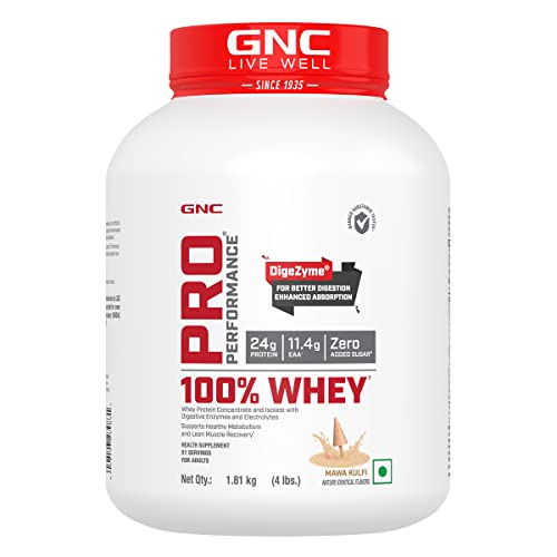 GNC Pro Performance 100% Whey Protein | 4 lbs | Muscle Growth | Muscle Recovery | DigeZyme® For Easy Digestion | Informed Choice Certified | 24g Protein | 5.5g BCAA | Mawa Kulfi