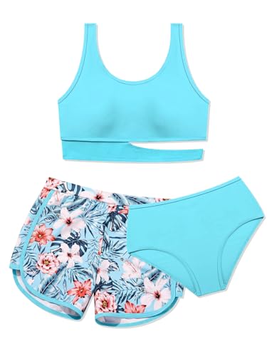 Image of Girls Swimsuit 3 Piece High Waist Sport Bathing Suit Quick Dry Bikini Tankini Sets with Shorts for 7-16
