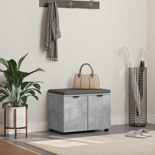 Zeiquah Banco de pasillo con cojín y estante en color gris hormigón, 60 x 38 x 46 cm, de material de madera con puerta, banco de almacenamiento para pasillo, entrada con patas ajustables y cojín suave