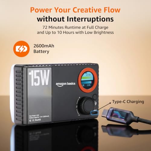 Image of Amazon Basics RGB Pocket Fill Light 15W Portable LED Camera Light, 1800-9000K Bi-Color & Full RGB, 2600mAh Rechargeable On-Camera Video Light with Type-C Charging for Photography, Vlogging, Streaming