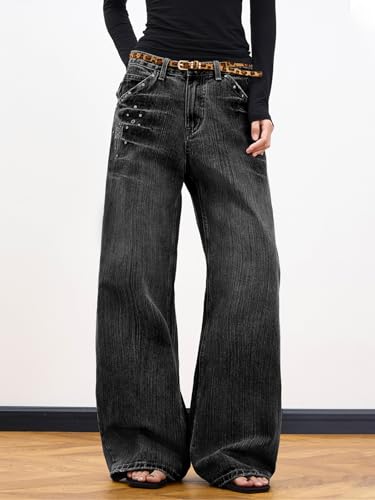 Image of EMMIOL Women Hip Hop 90s Vintage Baggy Jeans Denim Pants Mid Waist Jeans