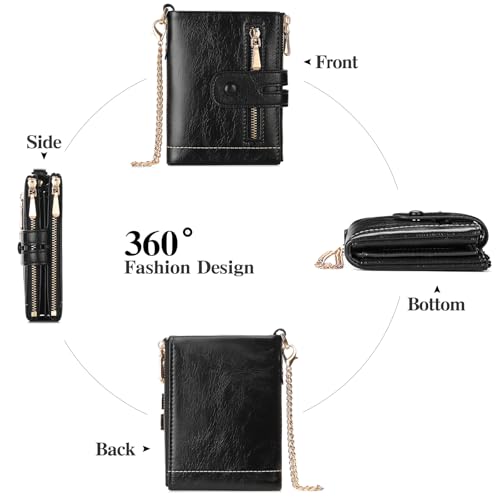 GAEKEAO Small Wallets for Women Leather RFID Blocking Bifold Double Zipper Coin Pocket Purse with Anti-Theft Chain3