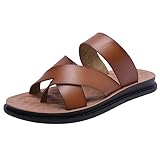 Harssidanzar Men's Sandals,Summer Slip On Cross Straps Slide Sandals Toe Ring Style Outdoor And Indoor KM221US, Khaki,Size 8