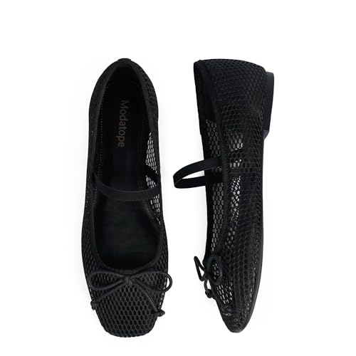 Image of Modatope Mesh Flats for Women Mary Jane Ballet Flats Women Bowknot Bow Closed Square Toe Ballerina Slip on Black Flat Maryjane Shoes Womens Size 8.5
