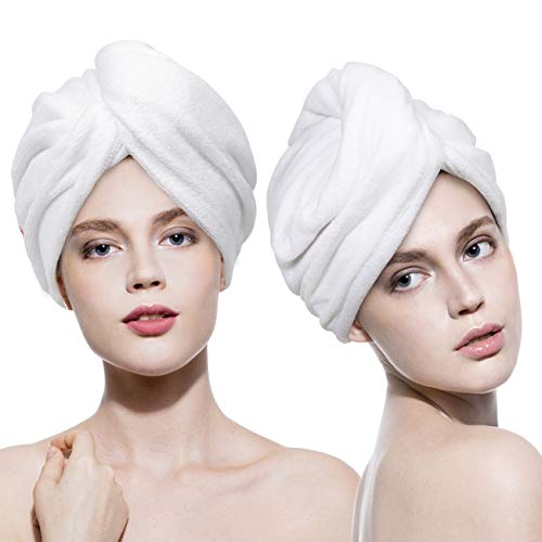 Microfiber Hair Towel Wrap 2 Pack Quick Drying Towels Hair Drying Turban Towel with Button Absorbent Cap for Long & Curly Hair Anti-Frizz (White+White)