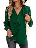 Vrtige Women's V Neck Ruffle Front Button Down Long Sleeve Blouse Tops Shirt Dark Green Medium
