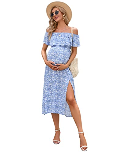 Coolmee Maternity Dress Women's Off Shoulder Split Long A Line Dress Casual Maxi Dress Photography Dress Bluepint L #TOP15