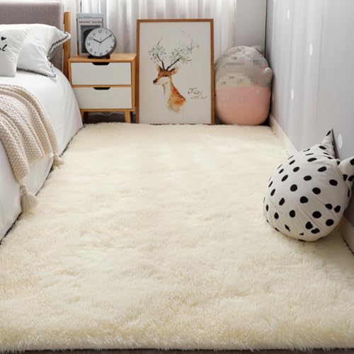 Bltokey ラグカーペット 洗えるラグ カーペット 長方形 ラグ 絨毯 滑り止め付 絞り染め ラグマット ふわふわ 冬 2畳 3畳 4.5畳 6畳 極厚毛足約4.0cm 低反発 防ダニ 抗菌 防臭 冷房 床暖房対応 アイボリー 120x200cm