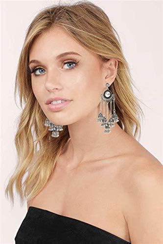 Vista 3 de Juego de 6 pares de aretes colgantes étnicos indios Jhumka Jhumki para mujer, vintage, plata y oro, largos con borlas, aretes de campana, joyería