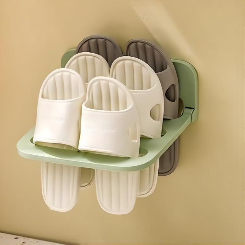 GION Wall Mounted Shoe Rack Plastic Foldable Slipper Holder, No Drill Self Adhesive Shoe Stand Bathroom Bedroom | Space Saving Organizer (Green)-image-48