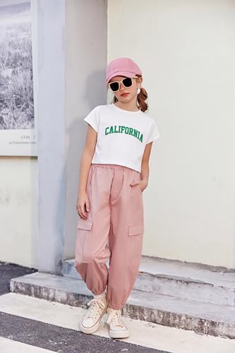 Image of Arshiner Girls 2 Piece Outfit Summer Drop Shoulder Batwing Sleeve Tops and Paperbag Waist Shorts Set Cute Clothing Size 6-14