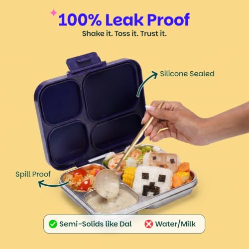 Image of Basil Bento Ace 4C Stainless Steel Lunch Box for Kids | 4 Compartment Leakproof Tiffin Box for Teens & Adults | BPA-Free, Easy-to-Open School Lunch Box | Pixel Rush