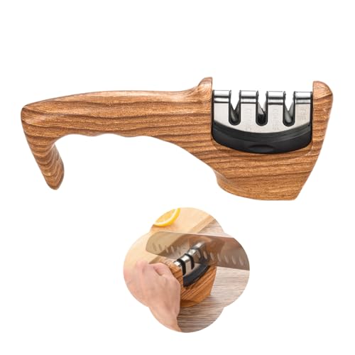 Afilador de Cuchillo 3 Etapas Afilador Manuales Profesional para Afilar Cuchillos de Cocina (Vetas de Madera)