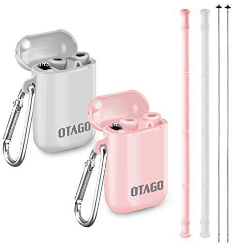 OTAGO 2 Pack Collapsible Reusable Straws, Food-Grade Foldable Silicone Drinking Straw with Portable