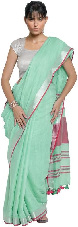SK.Royal Women's Bhagalpuri Linen Cotton Blend Handloom Saree with Silver Zari Border & Contrast Pallu_Free Size_Multiple Color Variation - Aquamarine Turquoise - Pink