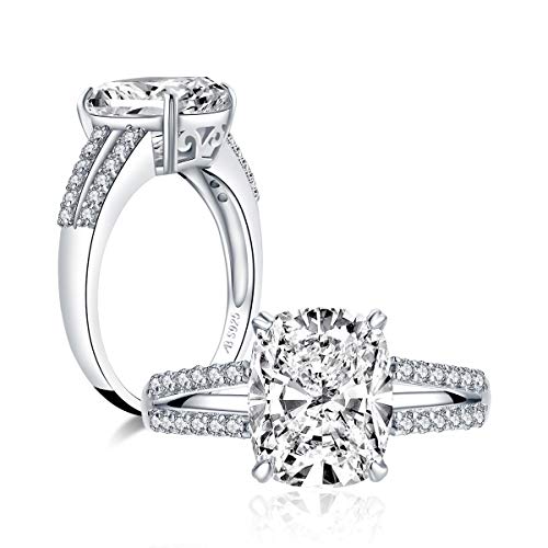 YUNNKAI 925 Sterling Silver Platinum Plated Cushion Cut 3.5ct Cubic Zirconia for Women Engagement Wedding Forked Arm Ring