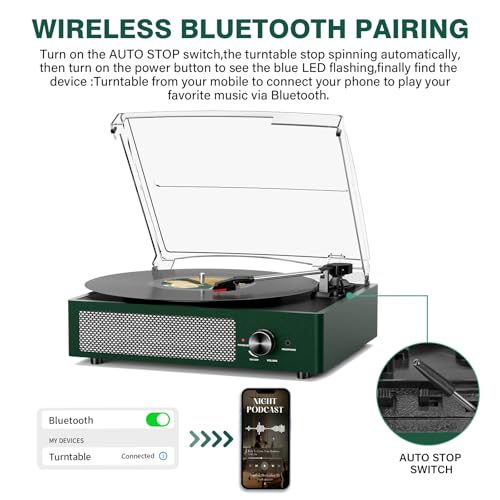 Image of Record Player Bluetooth Turntable with Built-in Speakers & 3 Speed 3 Size Portable Retro Vinyl Record Player for Entertainment and Home Decoration Emerald Green