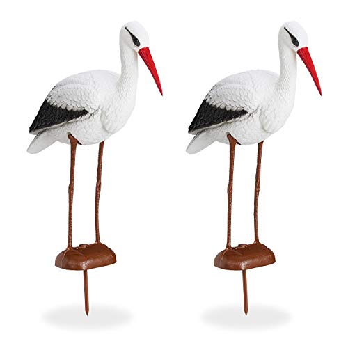 Relaxdays Statue de Jardin Cigogne, Lot de 2, Figurine de décoration, Protection héron, Naissance, 80 x 22 x 64 cm, Blanc/Rouge