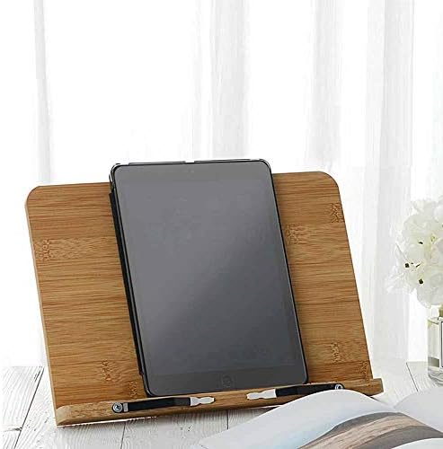 Integrity.1 Book Stand, Bamboo Book Stand, Adjustable Book Holder, Cookbook Reading Desk, Wooden Large Book Stand, Bamboo Cookbook Stand, with 2 Metal Page Holders, for Recipes, iPad, Tablets
