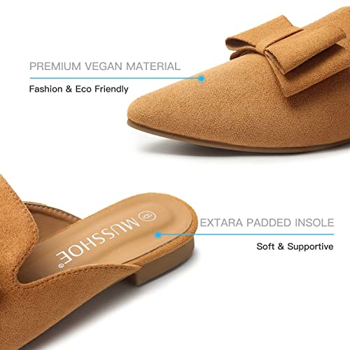 Musshoe Mules For Women Comfortable Pointed Toe Backless Slip-On Slides Loafer Flats With Bowknot,Tan 7 #TOP3