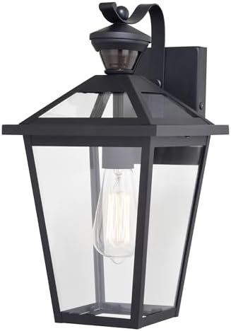Derby 1 Light Matte Black Motion Sensor Dusk to Dawn Outdoor Wall Lantern Clear Glass Shade, LED Compatible