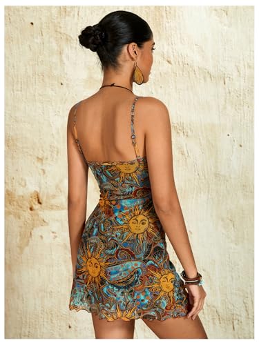 Image of Milumia Women's Summer Mini Dress 90s Boho A Line Mesh Short Dresses | Spaghetti Strap,Sleeveless,Vintage,Paisley Print,Festival Outfits,Cowgirl,Y2k,Goth,