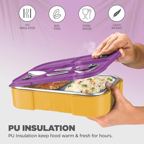 Image of Milton Sports Ethan 2 | KKR Official Drinkware Partner | Inner SS Tiffin Box, 2 Partition,Steam Release Plug | PU Insulated,Leak-Proof | Lunch Box for Kids,Boys,Girls with Snap Lock Lid | 650 ml, Gold