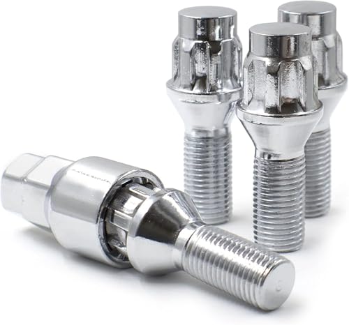 Image of Wheel Accessories Parts 4 Locks + Key M14 x 1.25 Thread Acorn Seat Lug Bolt Lock Chrome Finish 24mm Shank Length Dual Hex Key 17mm & 19mm fits Mini Cooper