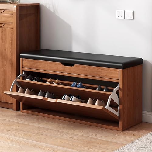 Banco de almacenamiento marrón con cojín para entrada y zapatero, elegante pasillo, asiento de piel sintética, diseño que ahorra espacio para pasillo de entrada y vestíbulo