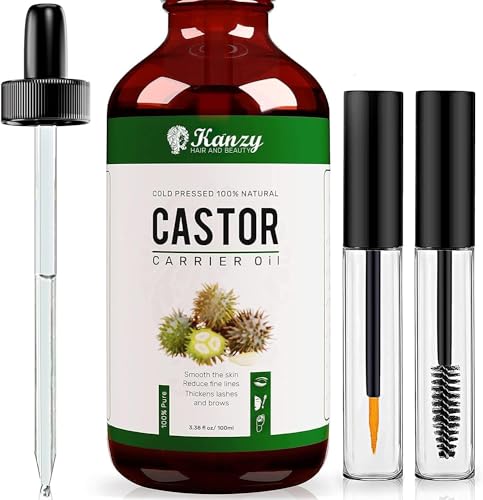 Kanzy Organic Castor Oil for Eyelashes and Eyebrow Growth 100ml Cold Pressed Castor Oil for Hair Growth, Nails & Skin, 100% Natural Caster Oil - Glass Bottle + Peptite + Eyelash & Eyebrow Brush