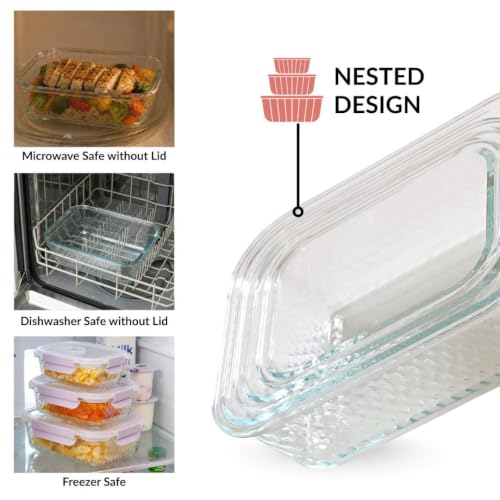 Image of Nestasia Glass Container with Lid for Kitchen Set of 3 (370ml, 660ml, 1L) - Airtight Diamond Embossed Food Container with Air Vent for Fridge Storage | Dishwasher, Microwave & Freezer Safe Container