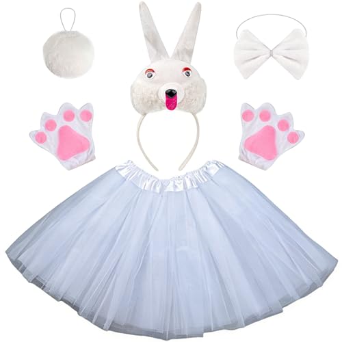 Hasen Kostüm Set 5PCS Hasen Verkleidung Zubehör mit Hasenhandschuhe Haarreif Stirnband Schwanz Tutu Rock Fliege Hasenkostüm Kinder Kostüm Accessoires für Karneval Ostern Fasching Cosplay(Weiß)