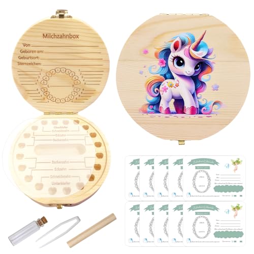 LETTERASHQP Boîte à dents de lait - Boîte à dents de lait - Motif licornes - Pour fille - En bois - Cadeau pour fille