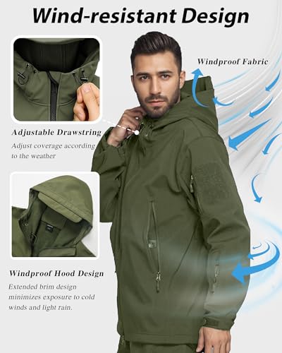Image of Men's Tactical Fleece Lined Jacket Softshell Military Hooded 7 Pockets Windproof Outdoor Work Rain Coats Green M