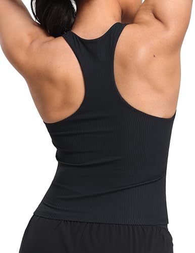 YUNOGA Womens Cropped Tank Tops with Built in Bras - Athletic Workout Tops Padded Scoop Neck Sleeveless Racerback Gym Yoga Shirts (Black L)