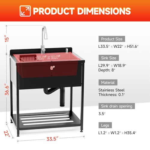 Image of Stainless Steel Utility Sink, 33.5 inch x 22 inch x 36.6 inchFreestanding Sink with Cold and Hot Water Faucet,Hoses and Drain Kit for Kitchens, Bathrooms, Garage, Laundry Room