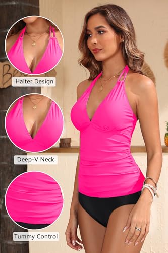 Image of Yonique Women's Halter Tankini Top V Neck Swim Top Tummy Control Bathing Suit