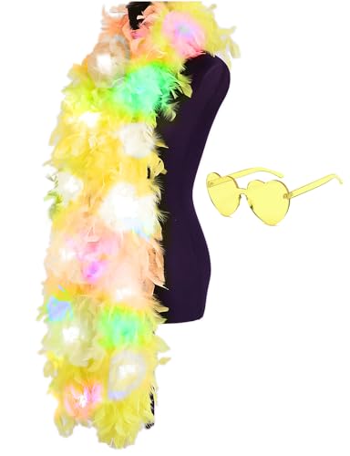 Boa de plumas con 20 luces LED amarillas y gafas de sol de corazón para fiestas y disfraces