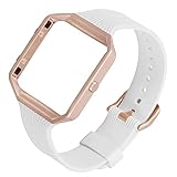 ESeekGo Compatible with Fitbit Blaze Bands, Slim Sport Silicone Replacement Strap with Metal Frame Compatible with Fitbit Blaze Wristband for Women Men(No Tracker,White with Rose Gold Frame)