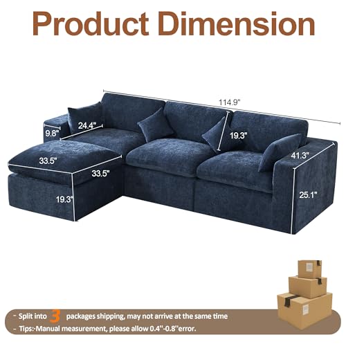 Image of 115''Cloud Boneless Sectional Couch, Modular Sectional Sofa Deep Seat with Ottoman, Oversized Upholstered Convertible Comfy 4 Seater Chenille Sofa L Shape Couches for Living Room, Navy
