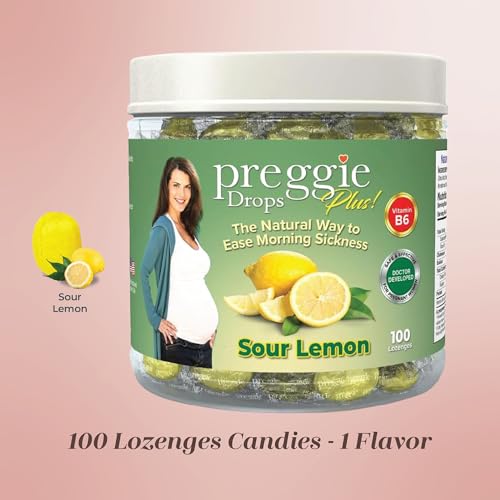 Image of Three Lollies Preggie Drops Plus Pregnancy Nausea Relief Drops with 10 mg Vitamin B6 and Essential Oils, Morning Sickness and Queasy Stomach Support for Pregnant Women, Sour Lemon, 100 Count