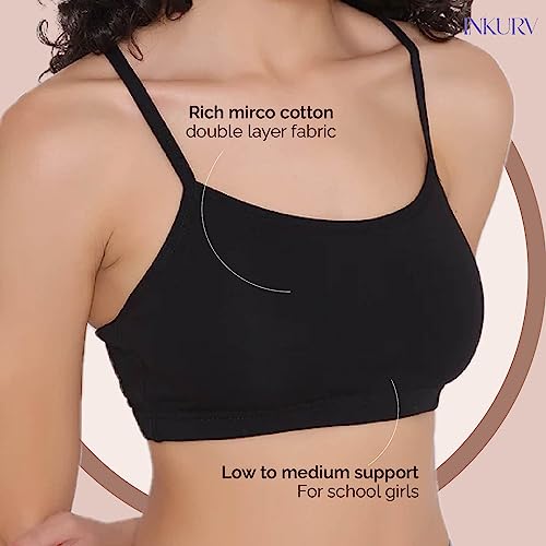 Image of INKURV Slip on Beginner's Bra for Girls, Non Padded, Non Wired, No Hooks with Double Layered Fabric, Adjustable Straps, Wirefree Sports Bra- Lisa Combo of 3