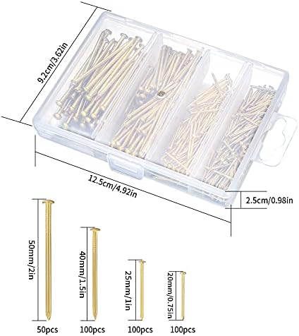 350PCS Brass Gold Nails and Pins Assortment, Brass Plated Nails for Wood Working Panel Pins Gold Nail Tacks for Wall Hanging20mm/25mm/40mm/50mm