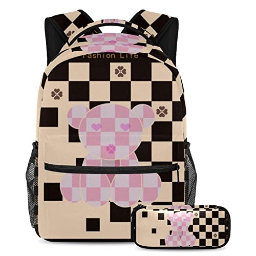 Sac à dos géométrique avec trousse assortie au motif ours multicolore
