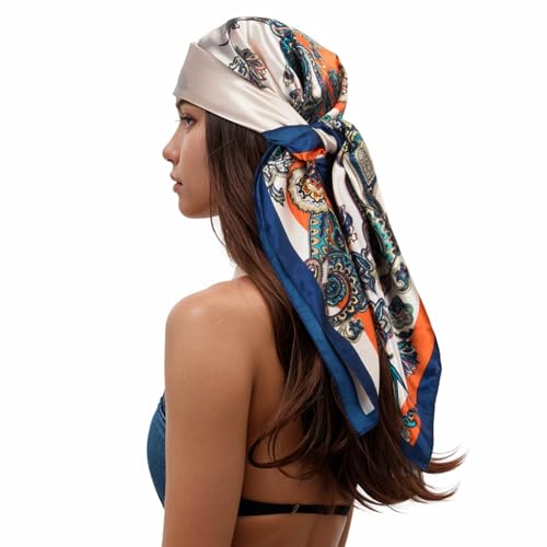 RIIQIICHY Head Scarf for Women Like Silk Scarf Hair Scarf Printed Square Scarf Bandanas for Women 35 Inches Beige/Orange/Navy