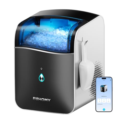 EUHOMY Smart Nugget Ice Maker Countertop, Portable Sonic Ice Maker with APP Control, 40lbs/24H, Ready in 8 Mins, Self-Cleaning, Pebble Ice Machine with Hanging Ice Scoop for Home/Kitchen/Office