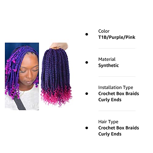 6 Packs Crochet Box Braids Curly Ends 10 Inch Crochet Hair For Kids Bohemian Bob Box Braids Crochet Hair For Black Women (10 Inch, T1B/Purple/Pink) #TOP7