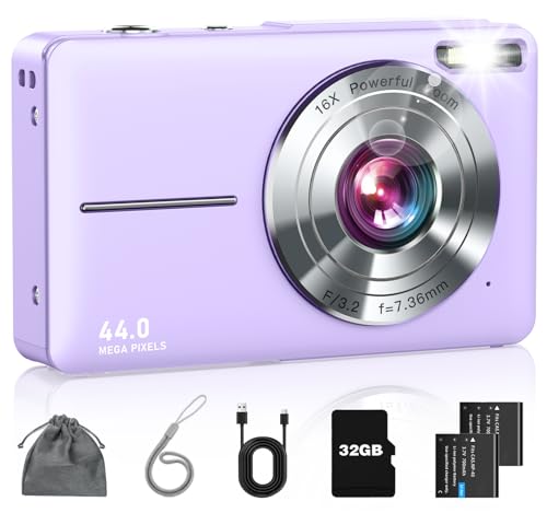 Digital Camera FHD 1080P Point and Shoot Camera for Kids Teens Starters with 32GB Card 16X Zoom Anti Shake Date Stamp Compact Small Camera Christmas Birthday Gift for Boys Girls Purple