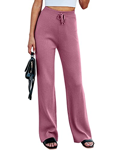 Cowasto Women s Casual Wide Leg Pants High Waisted Belted Flowy Wide Leg Workout Yoga Pants Dark Pink Medium